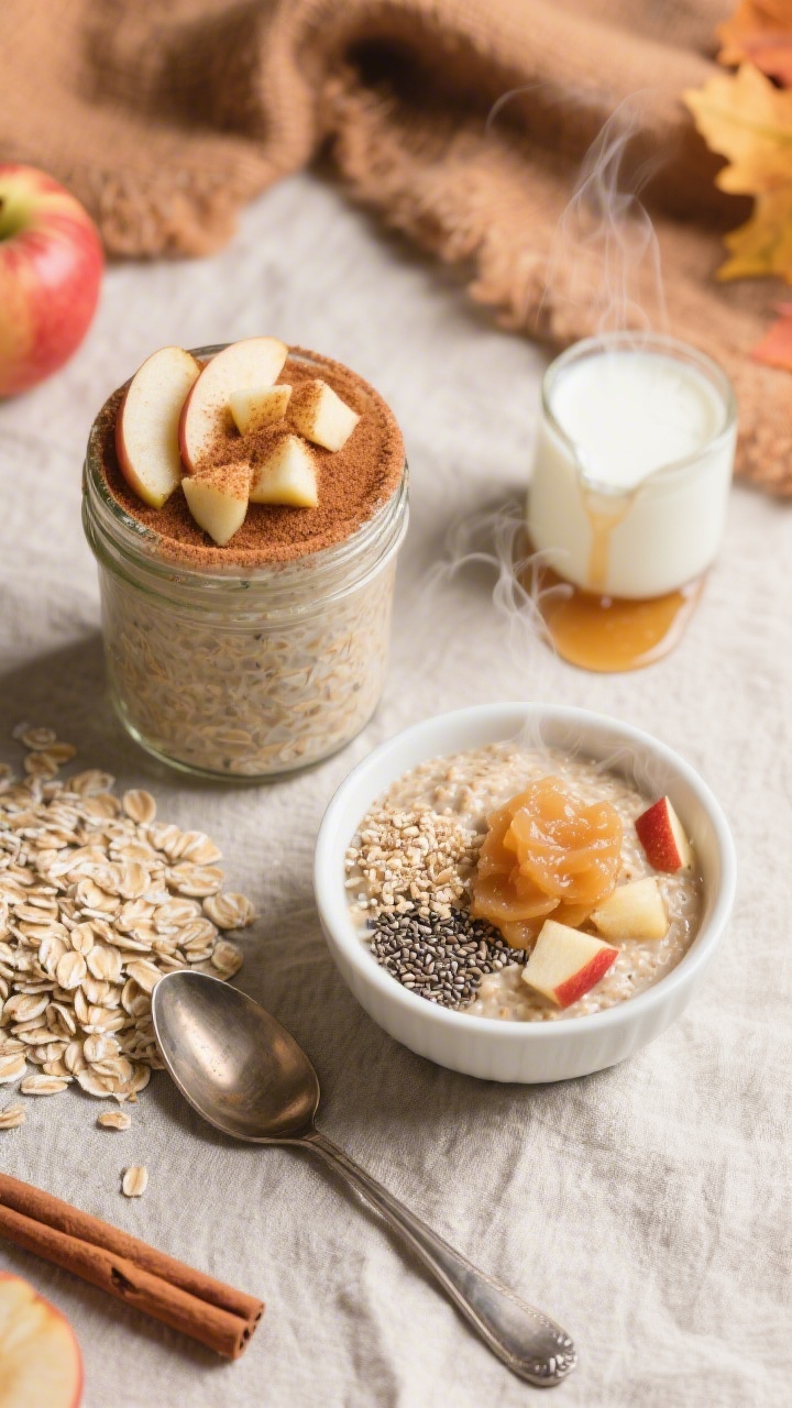 Overhead flat lay of apple pie overnight oats served two ways: one jar chilled with a cinnamon-dusted top and diced apple garnish, another portion warmed in a small white bowl with steam wisps; visible ingredients arranged neatly: rolled oats, unsweetened plant milk, a spoonful of unsweetened applesauce, finely diced apple, chia seeds, pinch of cinnamon; cozy fall palette on a neutral linen with a tiny maple syrup drizzle option on the side.