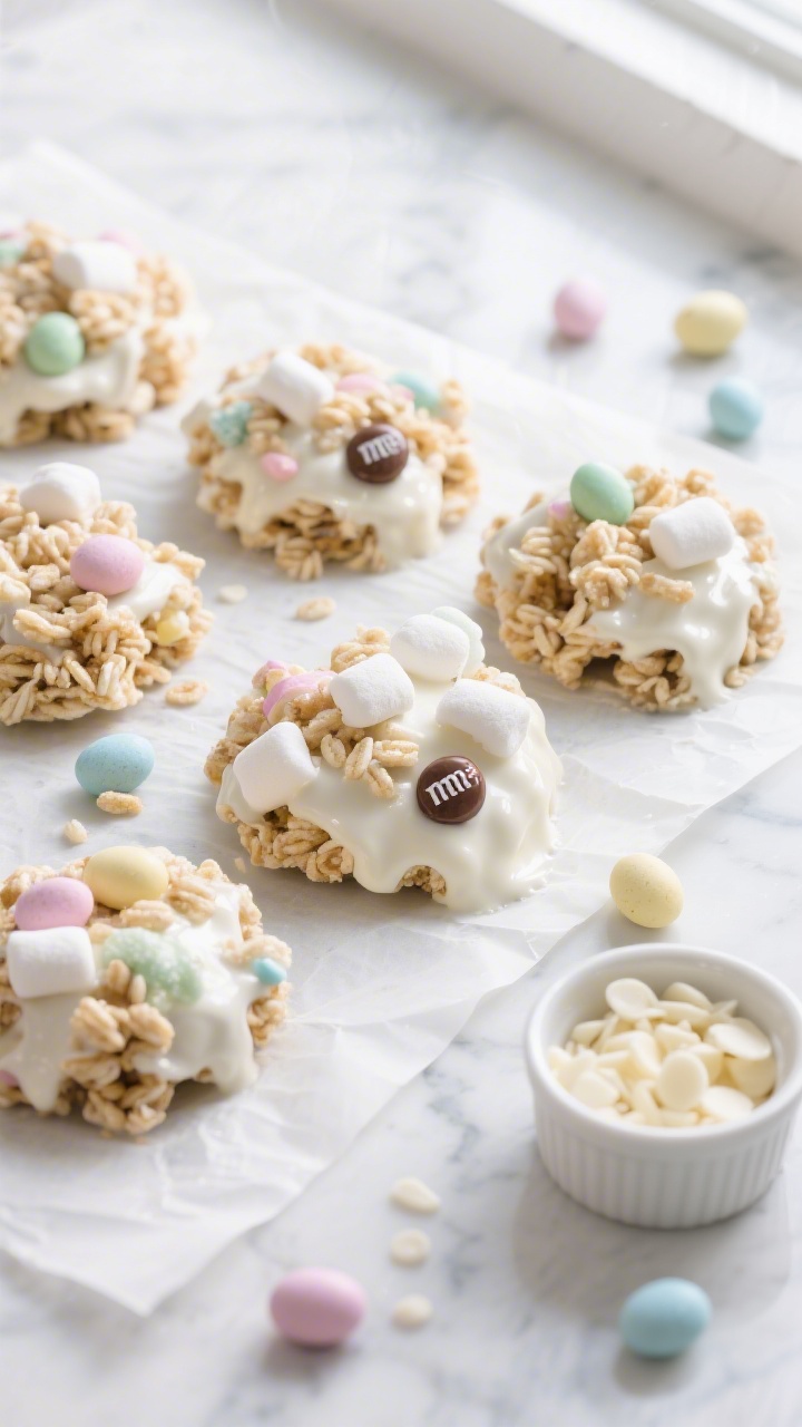 Overhead flat lay of Bunny Trail Cereal Clusters cooling on parchment: glossy white chocolate–coated mounds studded with crispy rice cereal, mini marshmallows, and pastel chocolate candies (mini eggs and M&Ms), a few extra pastel candies scattered around, white chocolate chips in a small ramekin, soft spring colors, bright natural window light, shallow depth to emphasize glossy texture and crunchy mix, clean marble surface, no people.