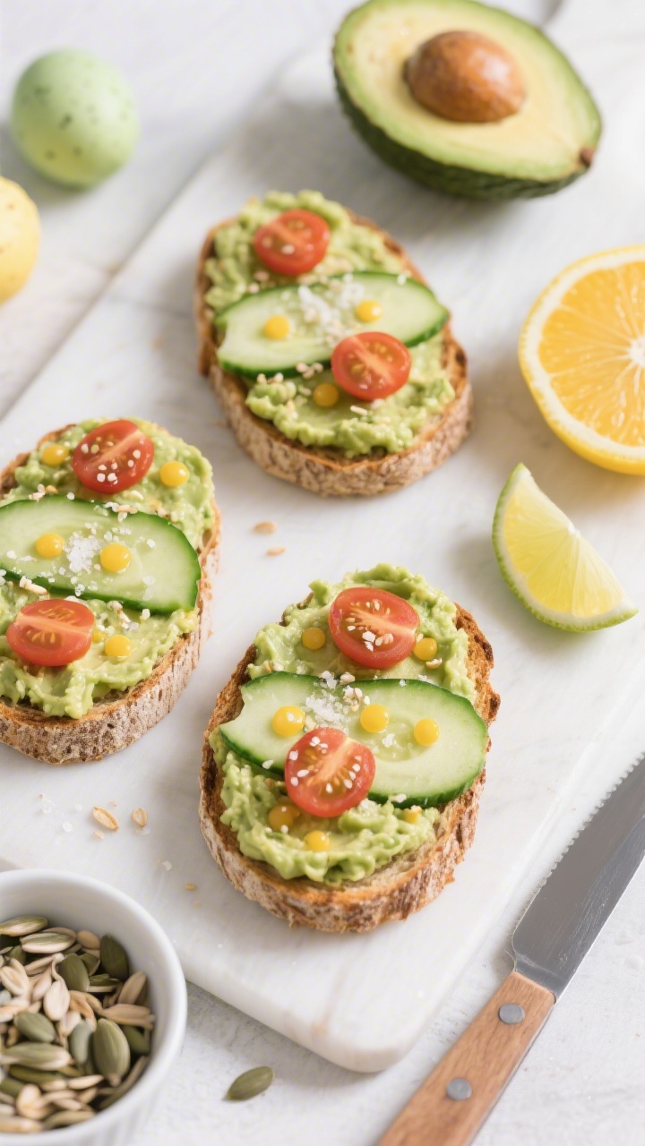Overhead flat lay of Easter Egg Guacamole Toasts: whole grain or sourdough slices toasted and topped with mashed ripe avocado seasoned with lime/lemon juice and a pinch of sea salt, shaped into smooth oval “egg” surfaces. Decorated with thin mini cucumber slices and quartered cherry tomatoes forming stripes and polka dots, finished with a crunchy seed sprinkle (mixed seeds visible in a small dish). Clean board with a halved avocado, citrus wedge, and knife nearby. Fresh, colorful, playful Easter vibe, crisp textures and creamy avocado highlighted.