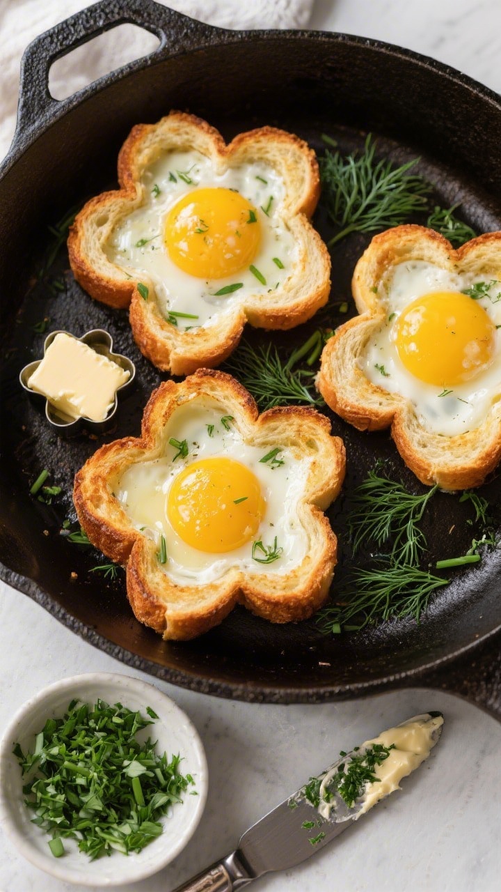 Overhead flat lay of Egg-In-A-Hole Flower Toast: thick-cut brioche slices cut with a flower-shaped cutter, each with a sunny egg cooked in the center, edges toasted golden; brushed with softened herb butter (chives, parsley, dill), extra fresh herbs scattered for garnish; served on a cast-iron skillet with a pat of butter melting, a small dish of chopped herbs, and a knife with herby butter smears; crisp contrast and clean highlights on the runny yolks.