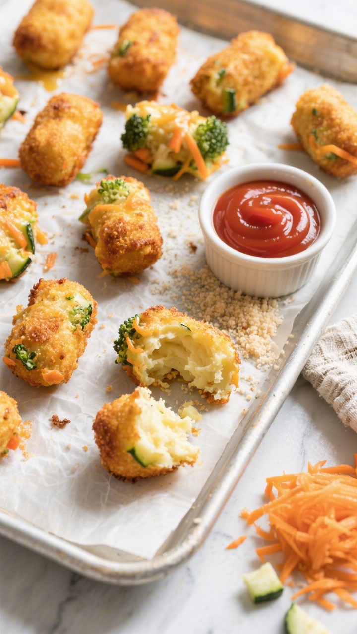 Overhead flat lay of freshly baked cheesy veggie tots on a parchment-lined sheet pan: golden-brown, crisp-edged tots studded with visible flecks of finely grated zucchini, carrot, and chopped broccoli, with a creamy mashed potato/sweet potato interior peeking from a broken tot; a small ramekin of ketchup on the side, sprinkling of fine breadcrumbs/cheese crumbs, and a squeeze cloth with wrung-out grated zucchini and a small pile of grated carrot in the corner to hint at prep; bright, kid-friendly mood, natural daylight, shallow crumbs and steam visible.