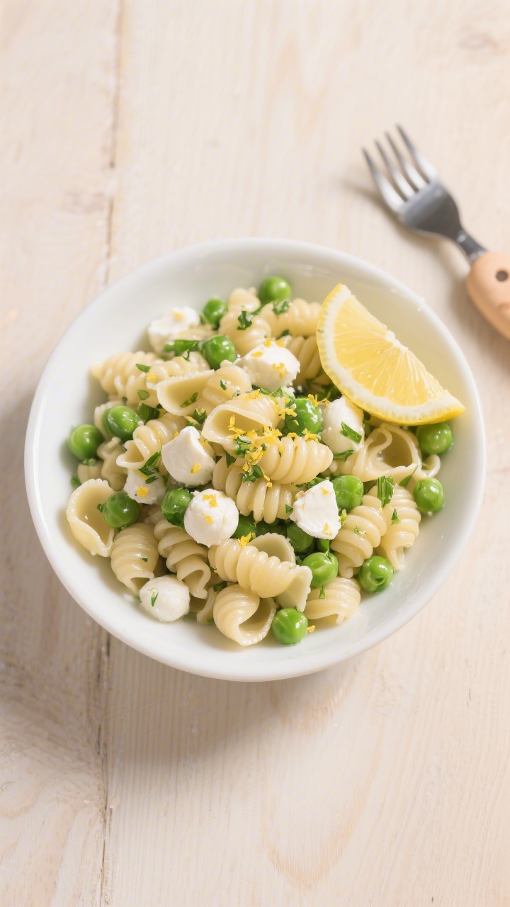 Overhead flat lay of mini pasta salad in a low, wide white bowl: very tender ditalini/small shells mixed with soft thawed peas, diced fresh mozzarella pearls (halved), and very finely chopped mild herbs; a light lemon zest “kiss” sprinkled on top with a tiny wedge of lemon off to the side; glossy, lightly dressed look, bright spring palette, styled on a light wood surface with a toddler-friendly fork nearby.