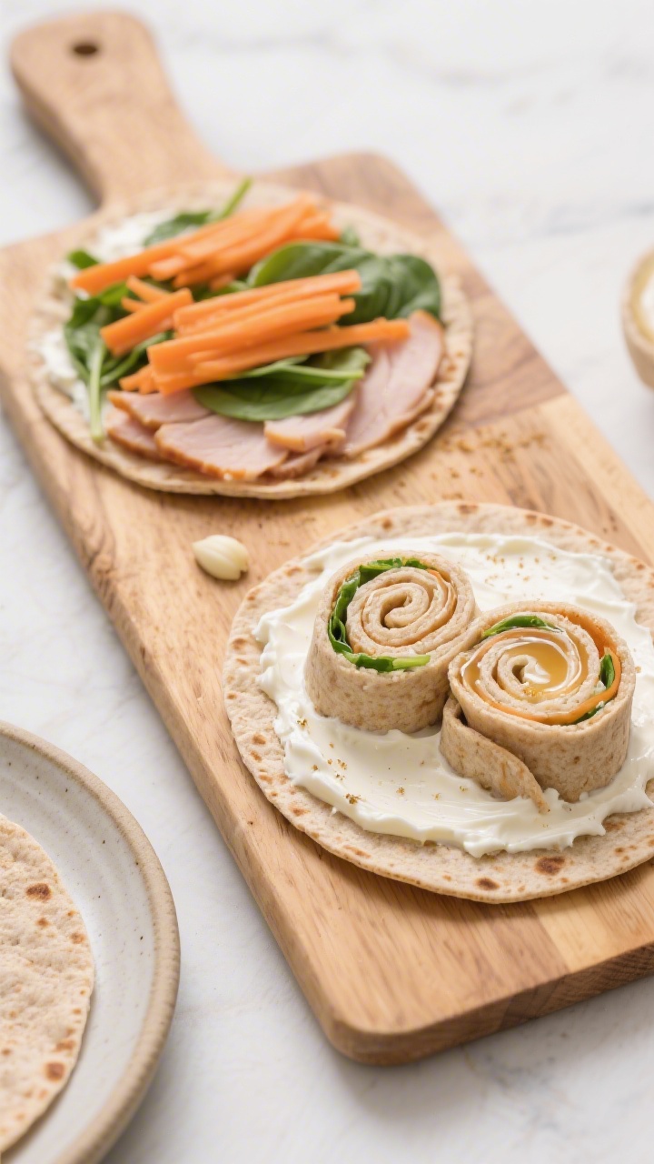 Overhead flat lay of Mini Turkey Veggie Pinwheels being assembled on a wooden board: two soft whole-wheat tortillas spread with a creamy blend of plain Greek yogurt, softened cream cheese, a touch of honey or maple syrup, and a pinch of optional garlic powder; neat rows of thin turkey slices, finely shredded carrots, and baby spinach laid across; one tortilla already rolled and sliced into bite-size pinwheels showing spiral layers; neutral ceramic plate nearby for daycare-friendly presentation, bright natural light, clean minimal styling, no people.