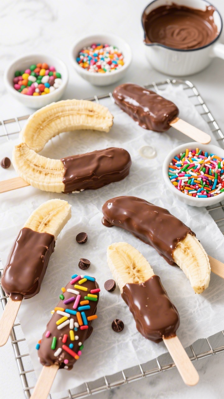Overhead flat lay of No-Bake Chocolate-Dipped Banana Pops: halved bananas on popsicle sticks dipped in glossy melted chocolate (with coconut oil), some fully coated, others half-dipped, decorated with rainbow sprinkles and mini chocolate chips; a cooling rack over parchment, bowls of toppings arranged like a sprinkle bar, a small pot of melted chocolate nearby, sharp contrast between creamy banana, shiny chocolate, and vibrant toppings, bright natural light.