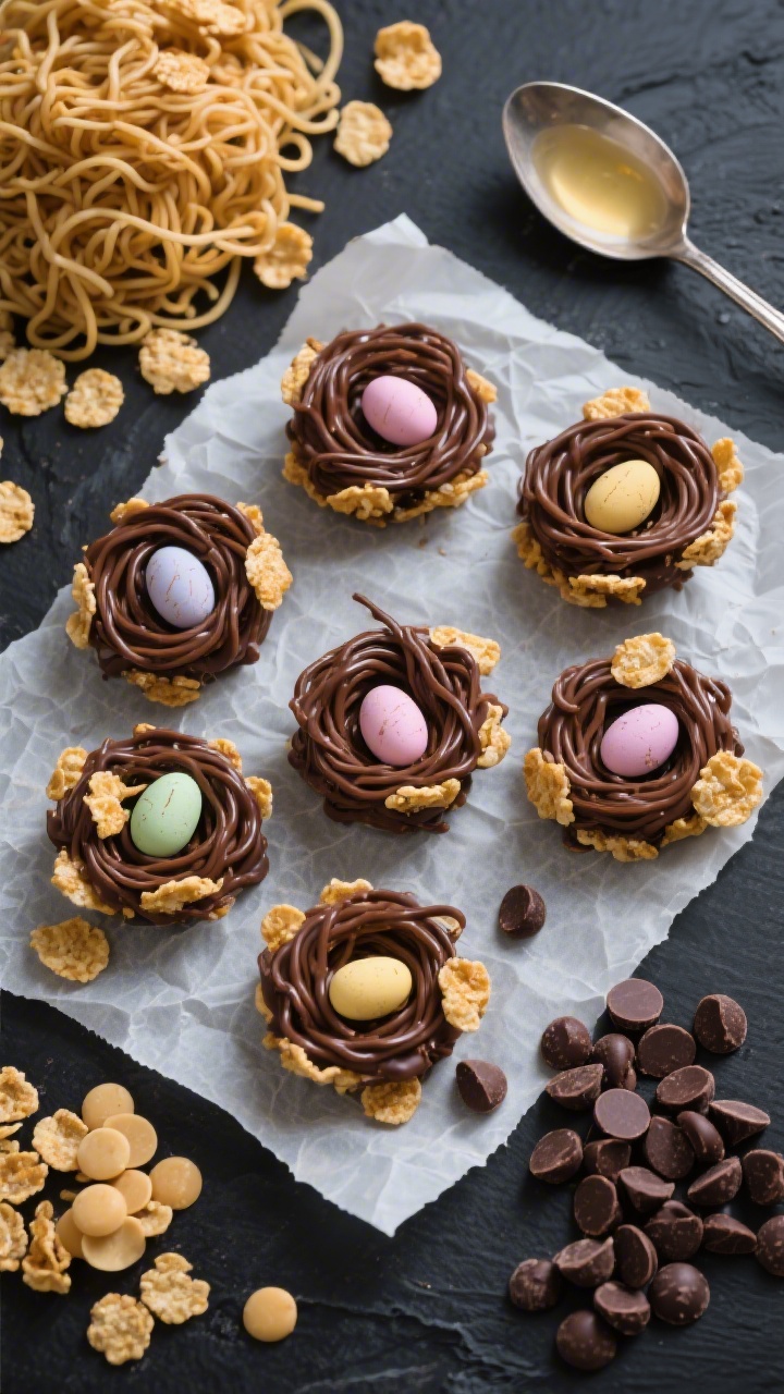 Overhead flat lay of no-bake chocolate nest bites on parchment: rugged chocolate-coated chow mein noodle and cornflake clusters shaped into nests, each holding pastel mini candy eggs. Ingredients arranged around: a pile of chow mein noodles, a mound of cornflakes, semisweet chocolate chips, butterscotch chips, and a small spoon with coconut oil. Rich, glossy chocolate sheen, contrast of salty-crunchy strands, dark slate surface for drama.
