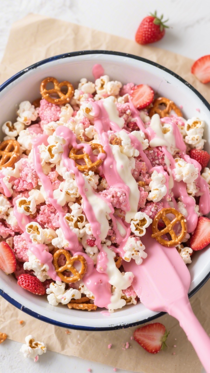 Overhead flat lay of Pink Popcorn Party Mix in a large enamel bowl: fluffy plain popcorn tossed with mini pretzels and lightly crushed freeze-dried strawberries, all ribboned with melted pink candy melts (or tinted white chocolate) creating glossy drizzles and clusters; a spatula streaked with pink coating resting on the bowl’s edge; a few scattered mix-ins on a parchment-lined surface; fun, sweet-salty mood with pops of pink and strawberry speckles; bright, even lighting to emphasize texture.