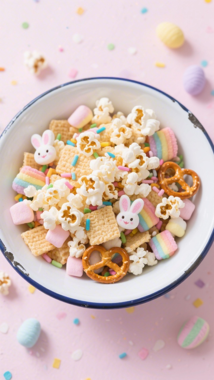 Overhead flat lay of Rainbow Bunny Tail Popcorn Munch in a large white enamel bowl: fluffy air-popped popcorn, crisp rice cereal squares, mini pretzel twists, and mini marshmallows tossed together with pastel candy sprinkles and tiny “bunny tail” marshmallow puffs, styled on a pastel confetti backdrop with a few scattered ingredients around the bowl; bright, playful Easter mood, high key lighting, sharp texture detail on popcorn and pretzels, no people.