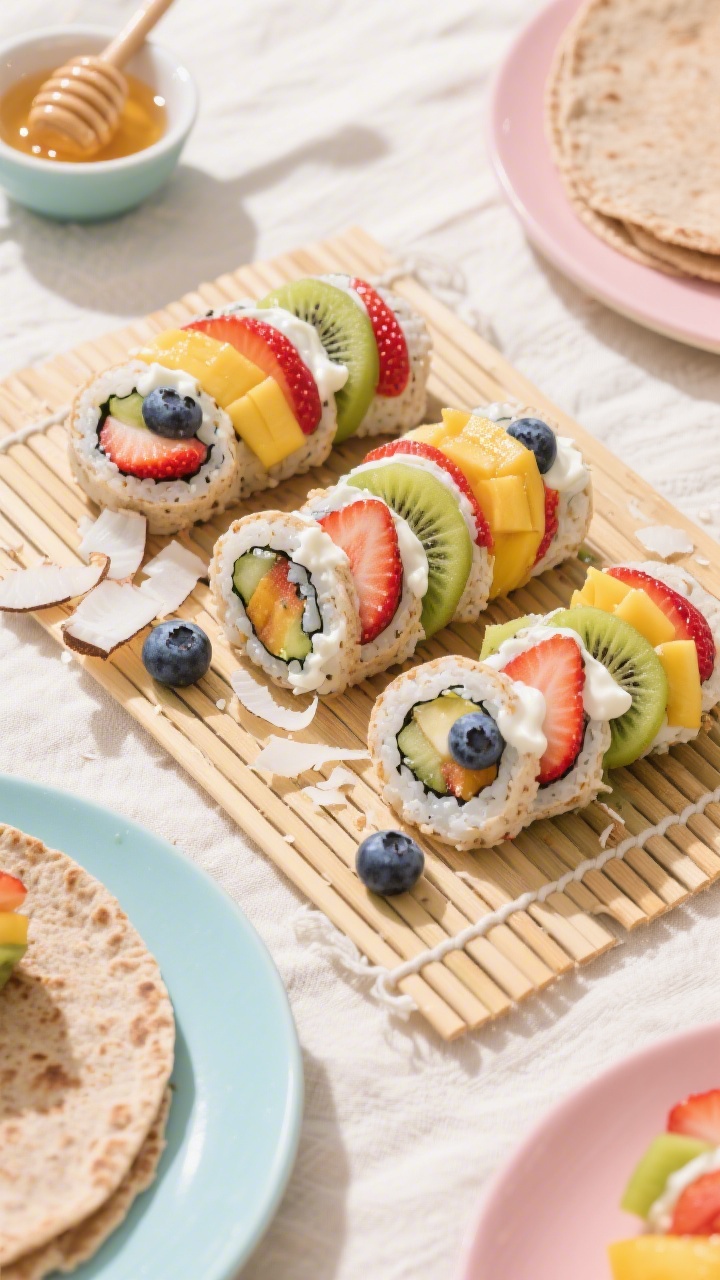 Overhead flat lay of Rainbow Fruit Sushi Rolls on a bamboo sushi mat: whole-wheat tortillas spread with thick Greek yogurt lightly sweetened with honey and vanilla, tightly rolled with rows of sliced strawberries, kiwi, blueberries, and mango, then cut into bite-size pinwheel “sushi” pieces; garnished with a small dish of honey for dipping and scattered coconut flakes; bright, kid-friendly beach vibe with pastel plates and a light linen, crisp natural daylight, high contrast, sharp focus on colorful fruit cross-sections.