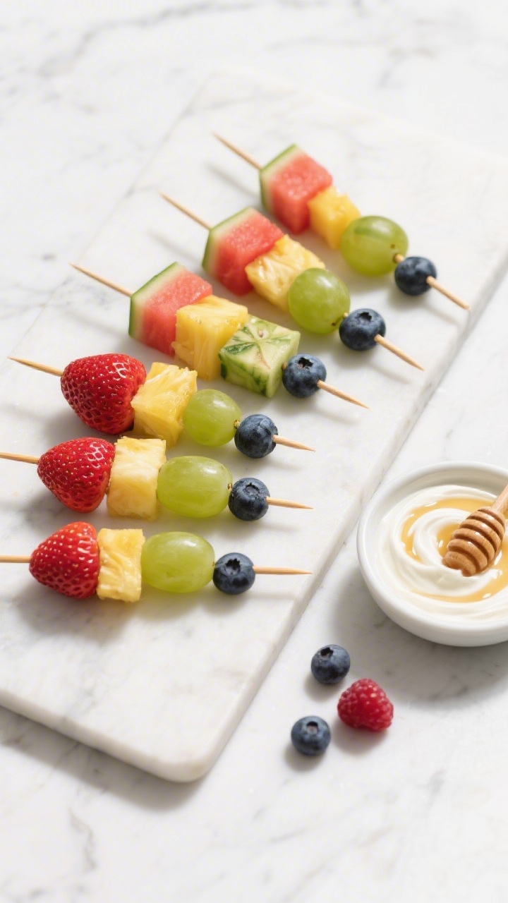 Overhead flat-lay of Rainbow Fruit Wands arranged in ROYGB order on a white marble slab: wooden skewers threaded with hulled strawberries, pineapple chunks, green grapes, blueberries, and 1-inch watermelon cubes, ends aligned like magic wands. Beside them, a small bowl of creamy vanilla Greek yogurt dip with a gentle swirl, a honey drizzle sheen, and a few stray berries. Bright, summery styling, high-key lighting, crisp textures, no people.