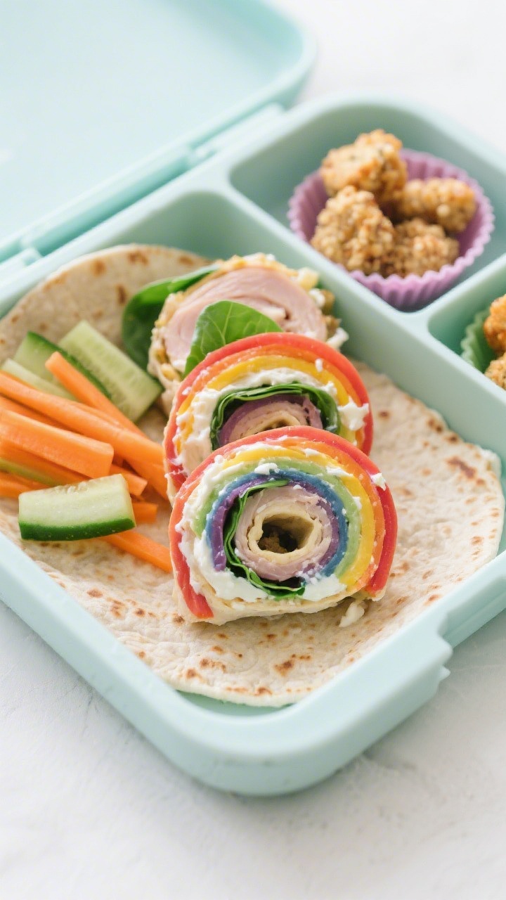 Overhead flat lay of Rainbow Roll-Ups with Mini Quinoa Nuggets in a toddler bento box: whole-wheat tortilla spread with cream cheese, layered with low-sodium turkey breast, shredded carrot, peeled cucumber matchsticks, and baby spinach, rolled tightly and sliced into pinwheels showing rainbow layers; alongside, bite-size baked mini quinoa nuggets in a silicone cup. Bright, clean background, vibrant colors, neat compartments, soft daylight, crisp textures, no people.