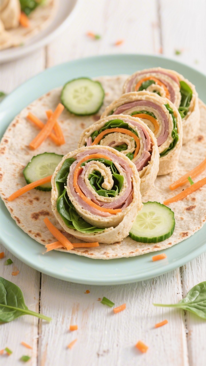 Overhead flat lay of rainbow turkey pinwheels neatly sliced and spiraled on a pale kid-friendly plate, showing visible layers of whole-wheat tortilla, creamy plain hummus, low-sodium turkey, shredded carrot, chopped baby spinach, and thinly sliced cucumber, with extra carrot shreds and spinach confetti around; bright, natural light on a light wood surface, crisp textures and clean edges, no people.