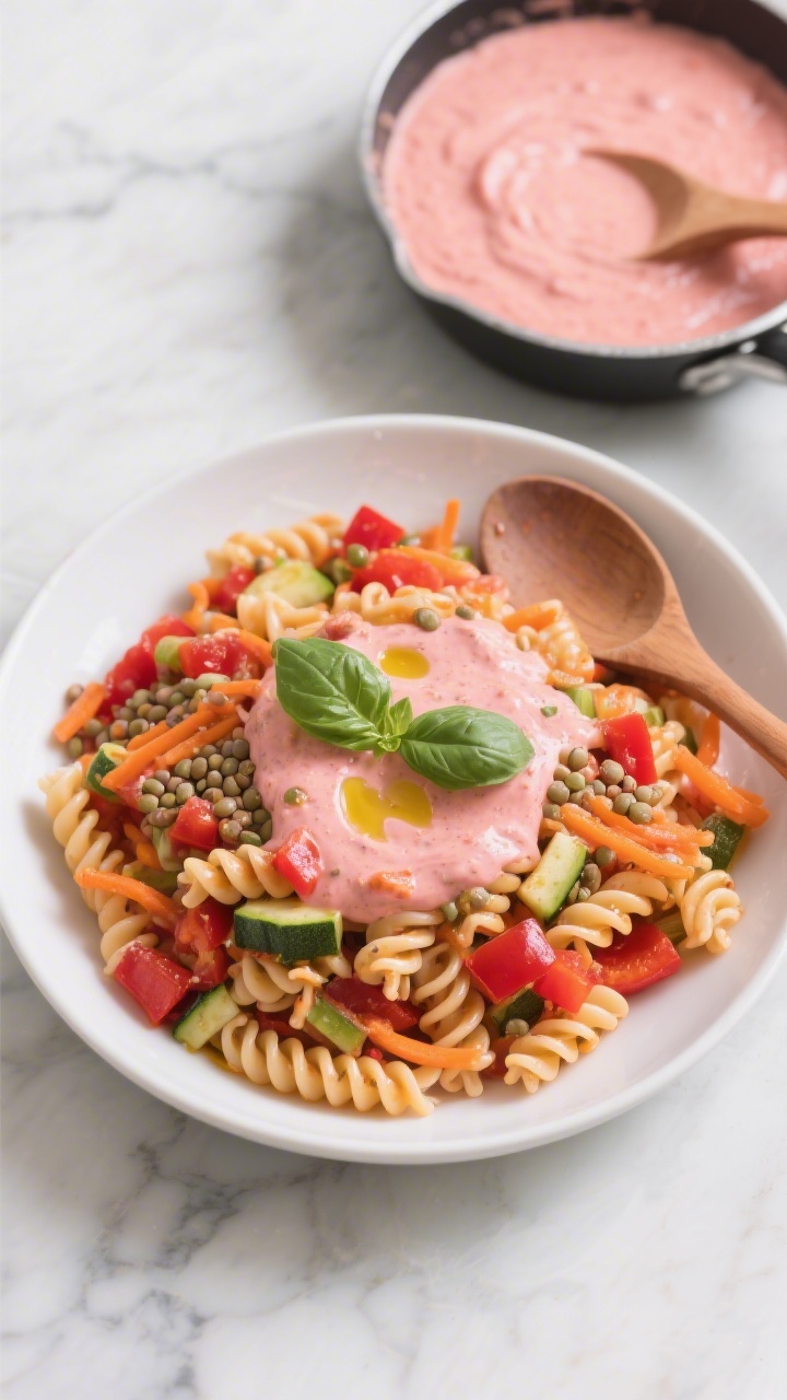 Overhead flat lay of rainbow veggie lentil pasta with hidden-cream tomato sauce: rotini made from red lentils coated in a silky pinkish tomato-cream sauce, speckled with finely grated carrot, diced red bell pepper, and tiny zucchini bits; garnished with a drizzle of olive oil and fresh basil; set in a wide white bowl on a marble surface with a small pan of the blended tomato “cream” sauce and a wooden spoon to convey the hidden-veg technique; vibrant, kid-friendly colors, crisp focus.