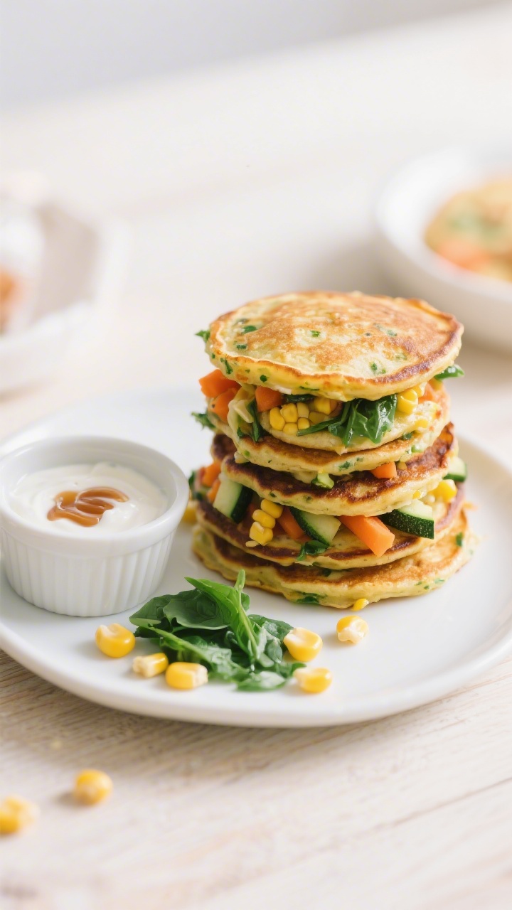 Overhead flat lay of rainbow veggie pancakes stacked on a small white toddler plate, golden and crisp at the edges, with visible flecks of finely grated zucchini, carrot, chopped baby spinach, and bits of sweet corn; a small ramekin of maple yogurt dip on the side, a sprinkle of chopped spinach and corn kernels scattered on a light wooden surface, soft natural morning light, shallow depth of field, clean, bright, kid-friendly styling