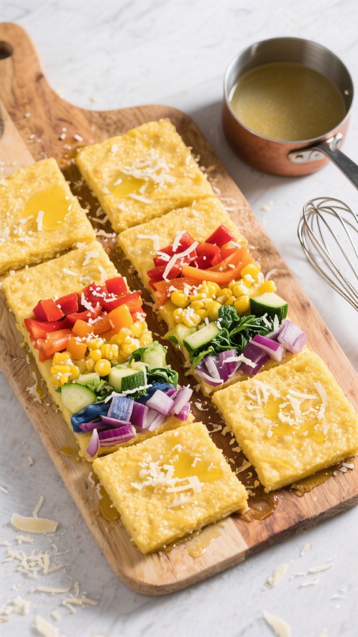 Overhead flat lay of rainbow veggie “pizza” polenta squares on a cutting board: firm, golden instant polenta base brushed with butter/olive oil, lightly sprinkled with grated Parmesan, topped in neat rows with colorful diced veggies (red bell pepper, yellow corn, green zucchini/spinach, purple onion) to create a rainbow effect; a small saucepan of gluten-free broth and a whisk off to the side to hint at the cooking method; bright, saturated colors, crisp edges, modern styling.