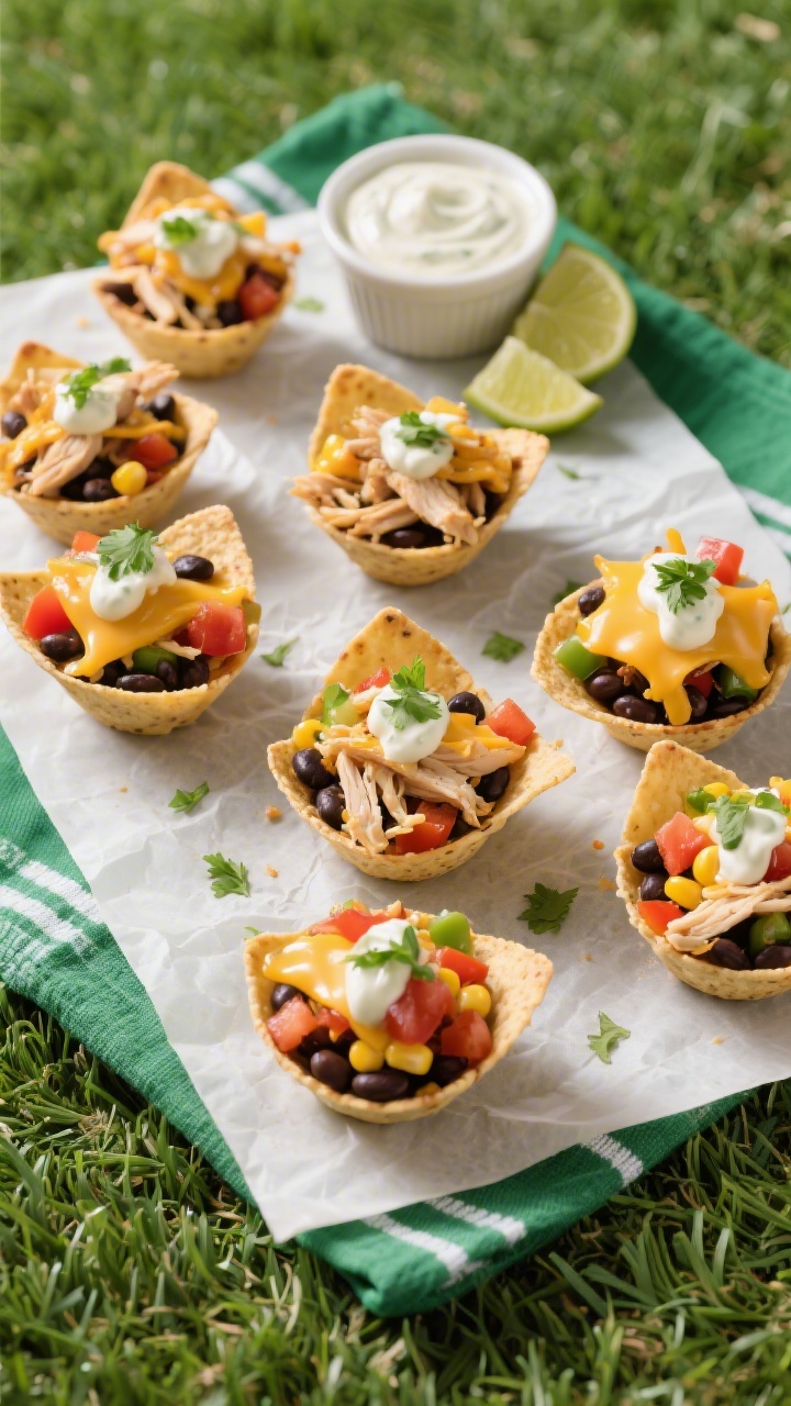 Overhead flat lay of Victory Veggie Nacho Cups: mini tortilla scoop chips arranged on a parchment-lined sheet, each cup layered with black beans, shredded rotisserie chicken, shredded cheddar/Mexican blend, diced tomatoes, corn, and finely chopped bell peppers, drizzled with creamy ranch and a sprinkle of chopped cilantro; bright, kid-friendly game-day styling with a green field-like linen, small ramekin of extra ranch, and lime wedges; crisp lighting to highlight melty cheese and crunchy textures, no people.
