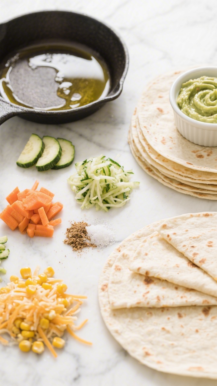 Overhead ingredient-prep flat lay for cheesy veggie quesadillas: grated zucchini (squeezed dry) and carrot in tidy mounds, sweet corn kernels, shredded cheese, a pinch of cumin and salt, soft flour tortillas stacked; small skillet with a sheen of olive oil preheating; a ramekin of ranch-guac dip swirled and ready; bright, family-friendly palette on a white marble surface, neat and inviting.