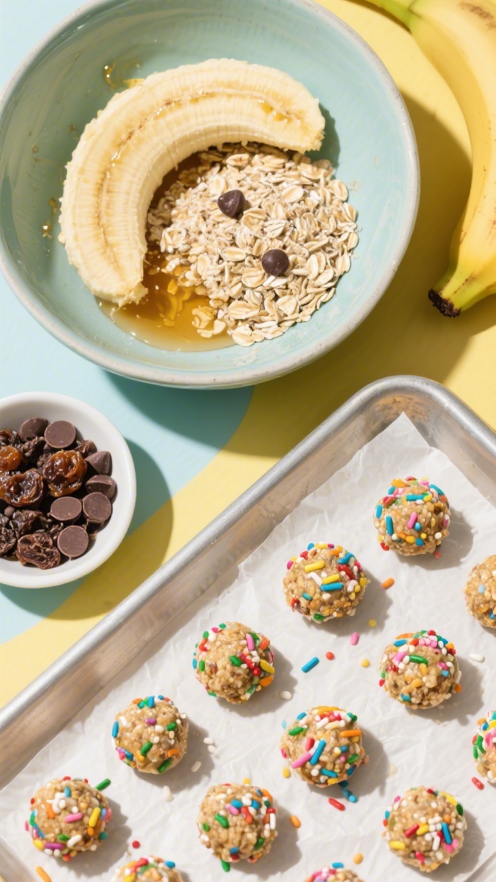Overhead ingredient prep shot for no-bake banana oat energy bites: a mixing bowl with mashed ripe banana, quick oats, ground flaxseed or chia, mini chocolate chips or raisins, and a drizzle of honey or maple syrup; a tray lined with parchment showcasing neatly rolled bite-sized balls sprinkled with colorful sprinkles; bright, playful styling, clean shadows, focus on hearty texture and fun kid-friendly appeal.