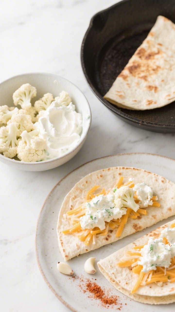 Overhead ingredient-to-assembly scene for creamy cauliflower quesadillas: steamed small cauliflower florets being mashed with plain Greek yogurt/cream cheese in a bowl, next to tortillas half-filled with the creamy cauliflower mixture, shredded mild cheddar/mozzarella sprinkled over, a pinch of garlic powder and paprika ready to dust; one quesadilla to the side crisping in a dry skillet with light browning; bright, modern kitchen surface, crisp editorial feel