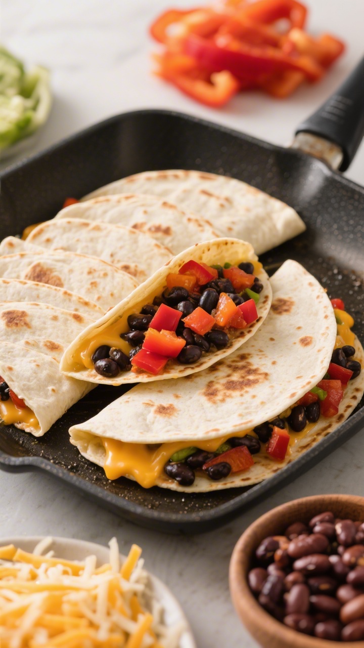 Overhead ingredient-to-assembly scene for rainbow bean quesadilla pockets; 8-inch flour tortillas folded into half-moon “pockets” on a griddle pan, oozing a sealed edge of melted Monterey Jack; filling visible in an open pocket: lightly mashed black beans and finely diced red/orange bell pepper; a small pile of shredded cheese and a bowl of beans nearby; warm, toasty browning on tortillas; bright, colorful accents and tidy composition