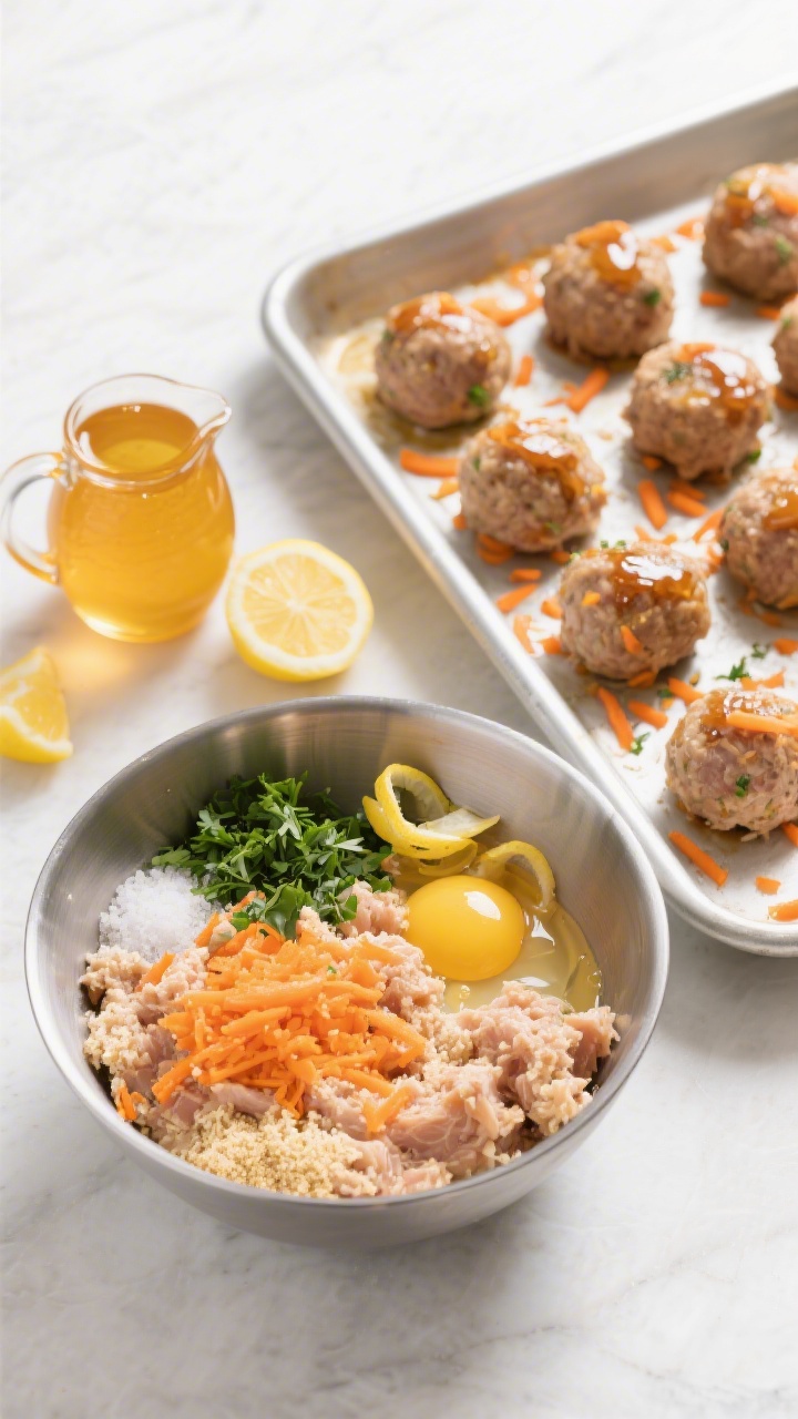 Overhead ingredient-to-cooking transition for honey-lemon chicken meatballs with carrot confetti: raw mixture in a stainless bowl—ground chicken dotted with finely grated bright-orange carrot, breadcrumbs, an egg, chopped parsley, garlic powder, and kosher salt—next to a rimmed sheet pan with neatly rolled meatballs ready to bake; a small pitcher of glossy honey-lemon glaze (golden honey with fresh lemon zest curls) set to the side; a second pan shows finished meatballs lightly lacquered, sprinkled with extra carrot “confetti”; clean, modern styling, bright citrusy feel