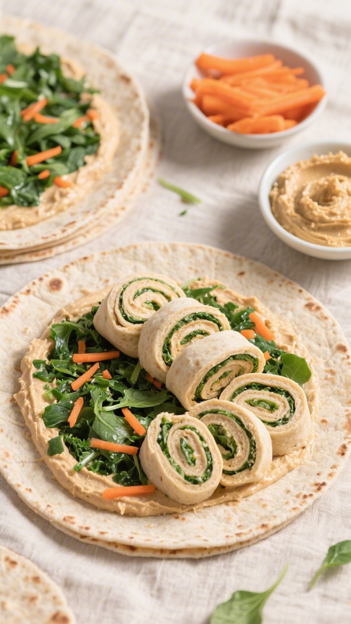 Overhead ingredient-to-final assembly shot of Creamy Hummus Pinwheels with Hidden Greens: soft whole-wheat tortillas laid out with a smooth hummus layer, very finely chopped baby spinach sprinkled evenly, grated carrot scattered for color; one tortilla rolled tightly and sliced into pinwheels, revealing spirals; small bowls holding extra hummus, spinach, and carrot; neutral linen, bright natural light, sharp detail on the spiral pattern and creamy hummus against tender tortilla, kid-friendly, vibrant yet clean styling.