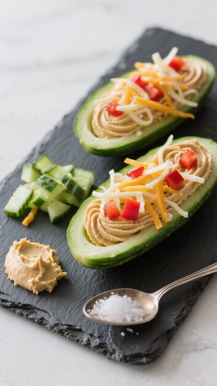 Overhead ingredient-to-final assembly shot of crunchy cucumber boats with hummus “frosting”: halved Persian cucumbers hollowed into boats, neatly piped hummus swirls as the “frosting,” topped with finely shredded cheddar or mozzarella and tiny dice of red bell pepper or tomato. Arrange on a slate board with a small pile of cucumber cores, a spoon with hummus smears, and a pinch of salt; crisp, refreshing vibe, high-key lighting, no people.