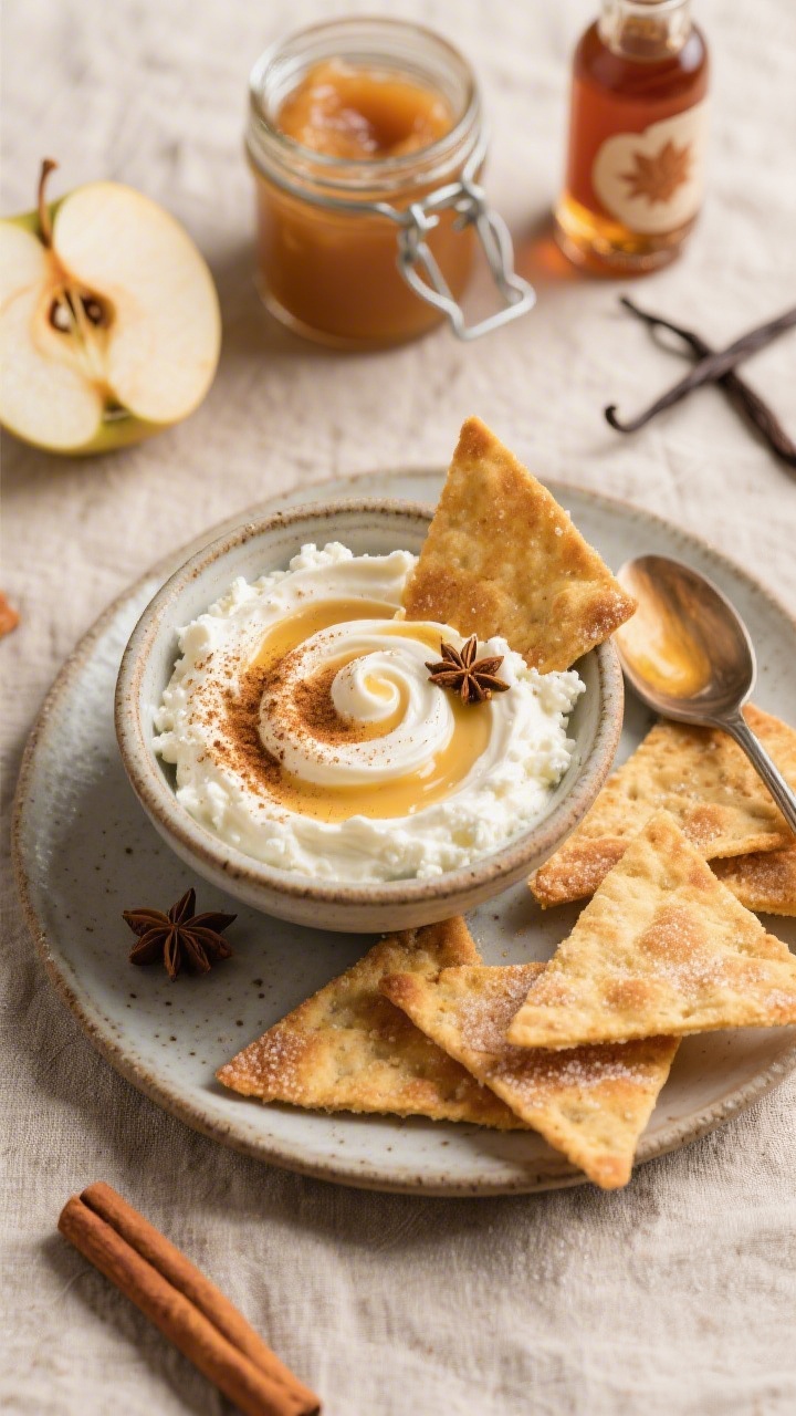 Overhead ingredient-to-final composition: creamy apple-cinnamon cottage cheese dip swirled in a small ceramic bowl, topped with a dusting of ground cinnamon and a pinch of nutmeg; arranged alongside crisp, golden cinnamon pita crisps (triangles lightly sugared and baked), with a spoon trail showing the dip’s thick texture; supporting elements include a jar of unsweetened applesauce, a drizzle of maple syrup, and a vanilla extract bottle; neutral linen, soft diffused light, cozy autumnal tones.