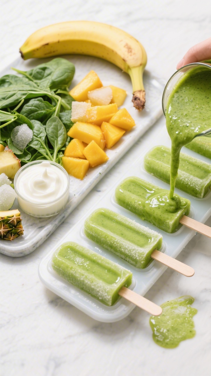 Overhead ingredient-to-final montage: on the left, a neat arrangement of ripe banana, packed baby spinach, frozen mango and pineapple chunks, and a dollop of plain whole-milk yogurt; on the right, vibrant green smoothie mixture being poured into popsicle molds; finished smoothie pops glossy with a frosty sheen on a chilled tray, bright, playful colors, high-key lighting, crisp and refreshing mood