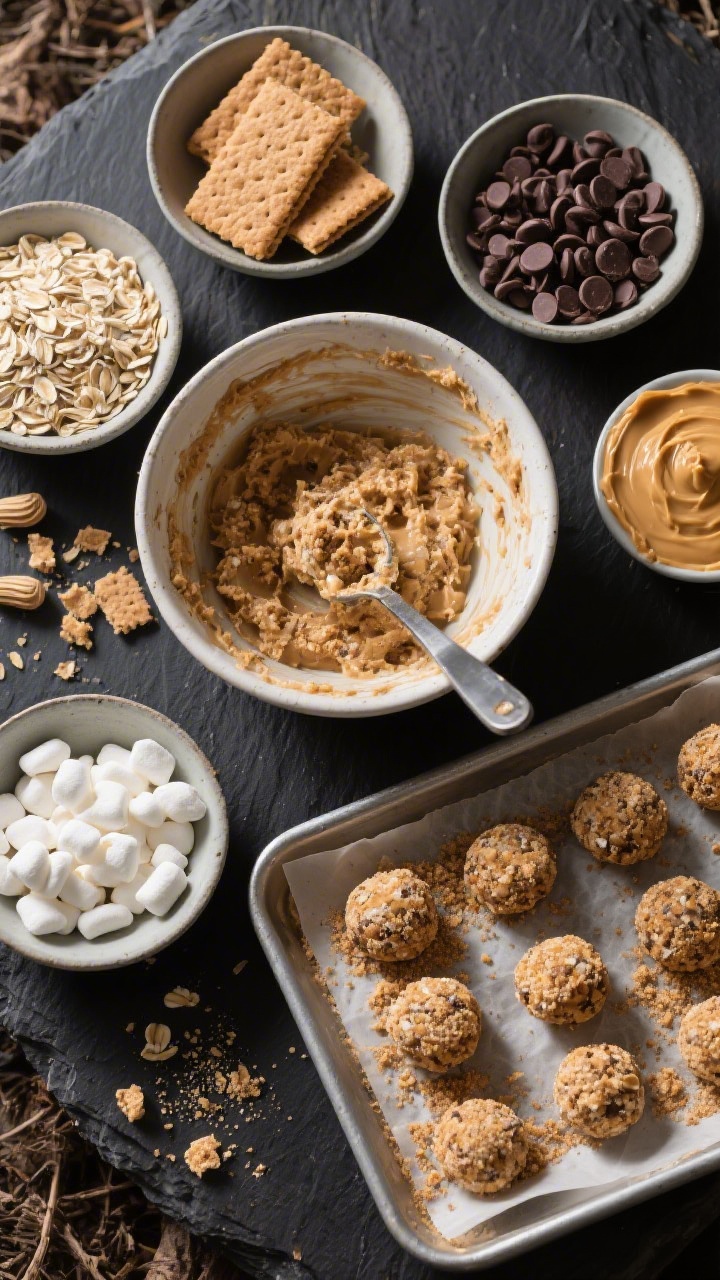Overhead ingredient-to-final transformation scene for No-Bake S’mores Energy Bites: neat bowls of rolled oats, crushed graham crackers, mini chocolate chips, chopped mini marshmallows, and creamy peanut butter or sunflower butter arranged on a dark slate. In the center, a mixing bowl with the blended mixture and a scoop, plus a parchment-lined tray of perfectly rolled bite-sized spheres, some dusted with fine graham crumbs. Cozy camp vibe with a few scattered crumbs and chips, natural soft light, clean, appetizing styling.