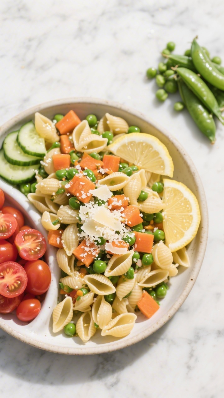 Overhead ingredient-to-final transition for Mini Pasta Picnic with Veggie Confetti: a shallow bowl of small pasta shapes (ditalini and mini shells) tossed with peas and diced carrots mix, glistening with olive oil and a squeeze of lemon, topped with grated Parmesan, with a side compartment of halved cherry tomatoes or simple cucumber coins (veggie confetti vibe). Display raw peas/carrots off to the side as a small pile for context. Fresh, colorful, lightly seasoned look on a marble surface, bright natural light.