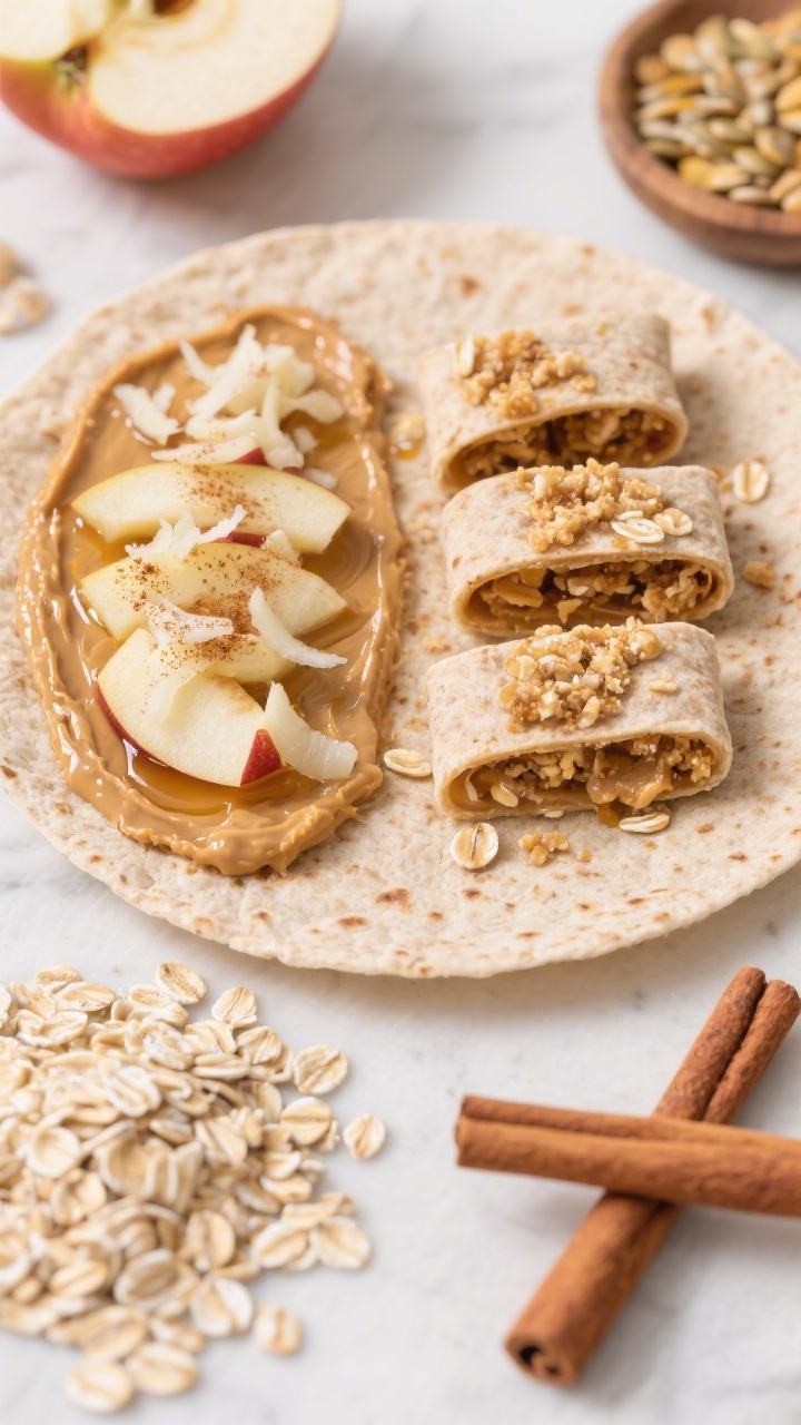Overhead ingredient-to-final transition of Apple-Cinnamon Sunbutter Roll-Ups: one whole-wheat tortilla spread edge-to-edge with sunflower seed butter, topped with finely grated apple (juice squeezed out), a dusting of cinnamon, and a light drizzle of maple syrup; next to it, finished roll-ups sliced into tidy pieces with an oat crumble sprinkled on top and around; a small pile of plain rolled oats and a pinch of cinnamon nearby for context; bright, cozy mood, crisp textures visible.