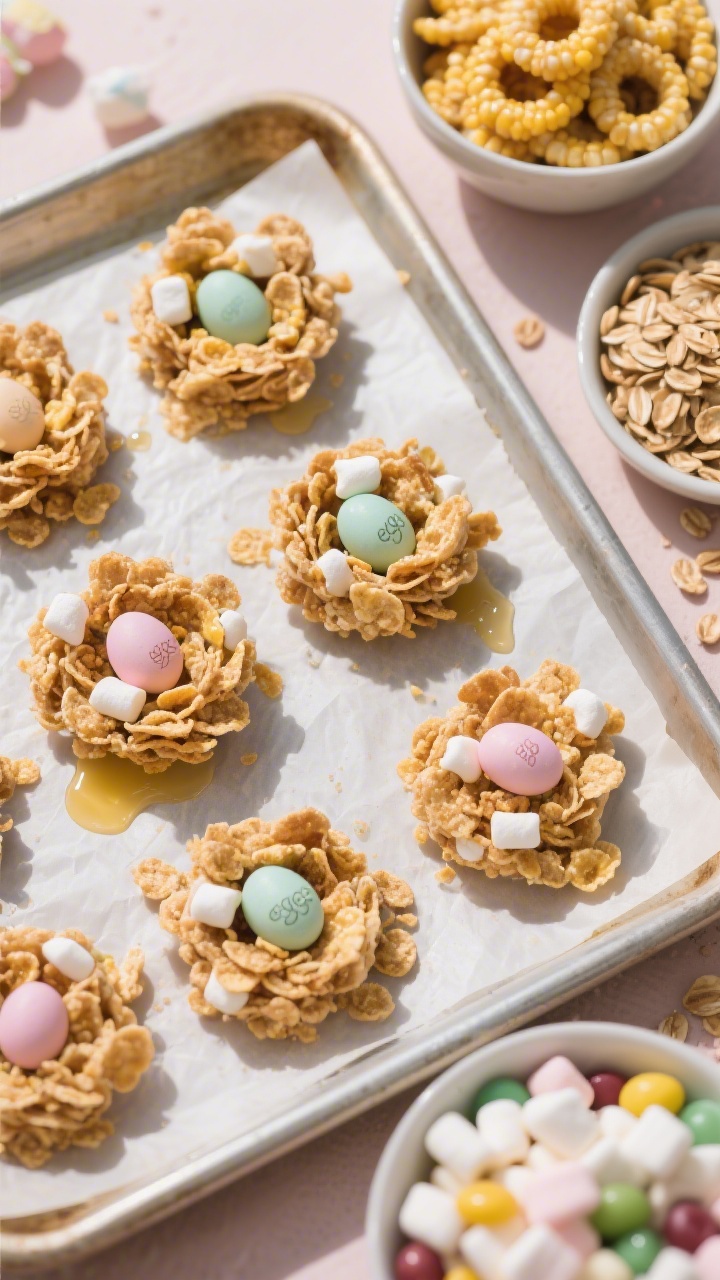 Overhead ingredient-to-final transition of Springtime Crispy Cereal Nests: a rimmed baking sheet lined with parchment showing formed cereal nests made from lightly crushed cornflakes and toasted oat cereal bound with melted butter and mini marshmallows, each nest holding pastel jelly bean “eggs”; side bowls of cornflakes, oat rings, mini marshmallows, and jelly beans included in frame; warm, inviting light, shallow shadows, crunchy texture emphasized, festive spring colors.