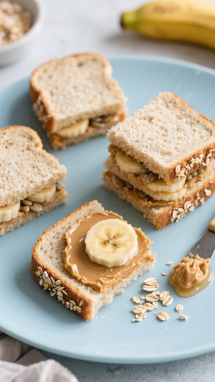 Overhead ingredient-to-final transition shot of banana oat sunbutter sandwich squares: four soft whole-grain bread squares trimmed and stacked, filled with sunflower seed butter and thin banana slices, edges lightly pressed with quick oats; a tiny drizzle of honey glistening on the cut surface of one square; crumbs and a spreader nearby on a pale blue plate.
