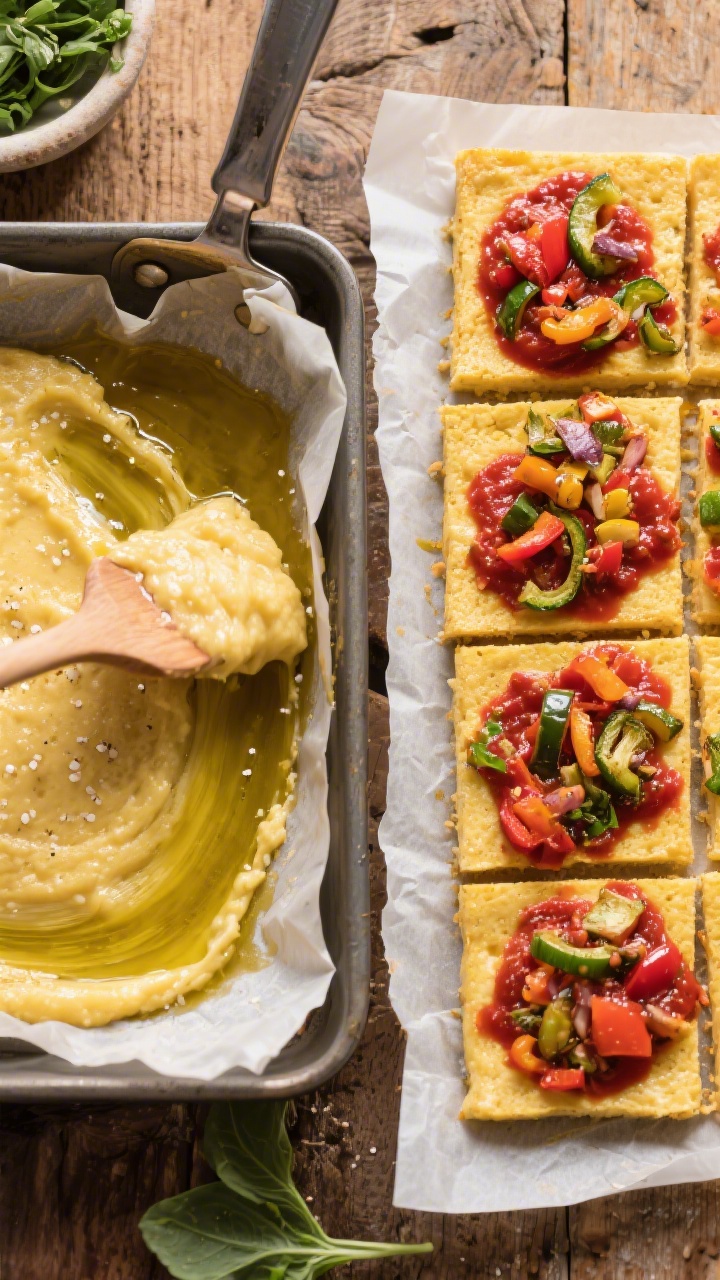 Overhead ingredient-to-finish storyboard for Veggie-Packed Polenta Pizza Squares: left side shows a saucepan of glossy quick-cook polenta (made with low-sodium vegetable broth, olive oil, sea salt) being spread into a parchment-lined pan; right side shows baked polenta cut into squares, topped with dairy-free marinara and colorful sautéed veggies, a light olive oil sheen; minimal props, rustic wood surface, vibrant reds and greens popping against golden polenta.