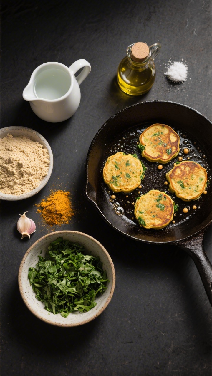 Overhead ingredient-to-pan progression for mini savory chickpea pancakes with hidden greens: a flat lay showing chickpea flour, water in a small pitcher, olive oil, baking powder, garlic powder, turmeric, and a bowl of finely chopped greens ready to mix; next to it, a well-seasoned skillet with a few mini pancakes mid-cook, edges setting and tiny bubbles forming. Warm, directional light, matte dark background to make the golden turmeric hue pop, clean, instructional composition.