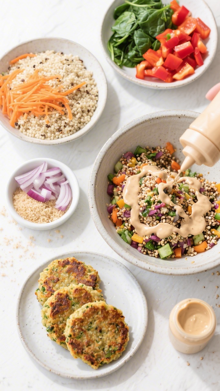 Overhead ingredient-to-prep shot for rainbow veggie quinoa patties with tahini drizzle: bowls of fluffy cooked quinoa, finely grated carrot (orange), chopped spinach (green), diced red bell pepper (red), minced onion, and a small dish of gluten-free breadcrumbs arranged in a tidy flat lay; a mixing bowl with the colorful mixture partially formed, and a few uncooked patties shaped and ready; a squeeze bottle of pale sesame-free tahini-style drizzle nearby; bright, clean lighting to emphasize color contrast and texture.