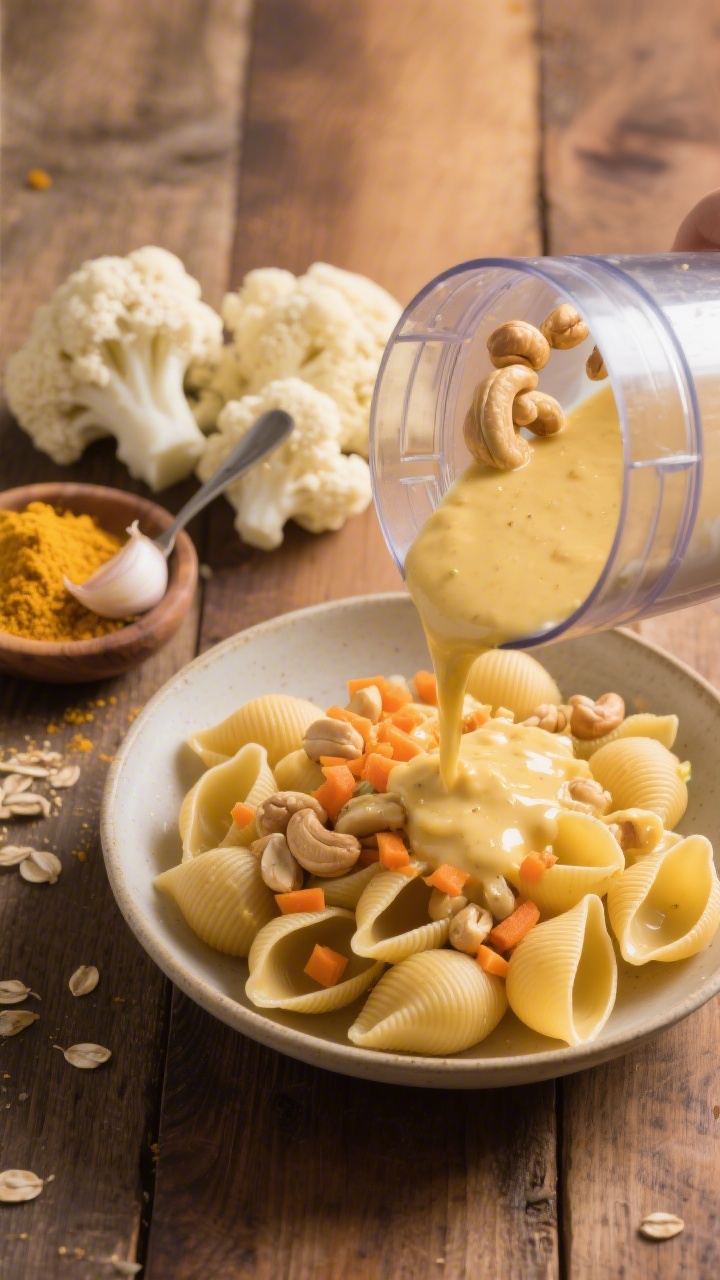 Overhead ingredient-to-sauce process shot for dairy-free “cheesy” pasta shells: small cooked pasta shells in a shallow bowl, alongside a high-speed blender jar filled with soaked raw cashews (drained), unsweetened oat or soy milk, steamed cauliflower florets (or squash), a spoon of nutritional yeast, pinch of turmeric, and a little garlic; final creamy golden sauce being poured over the shells, with a glossy, velvety texture and a sprinkle of finely minced steamed carrot for hidden veg appeal, set on a warm wood surface