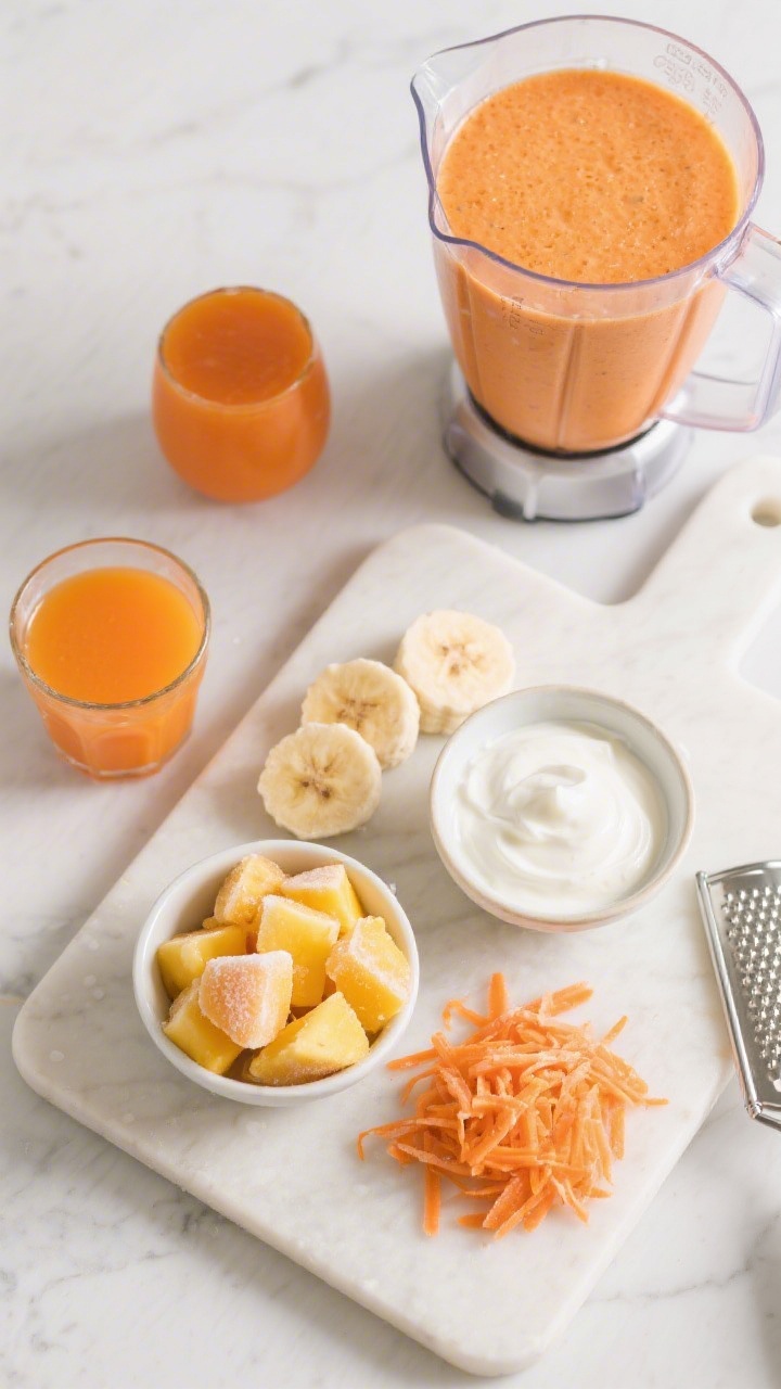 Overhead ingredients flat lay for Carrot Patch Creamsicle Smoothie: neat piles and bowls of 100% orange juice, vanilla yogurt, frozen mango chunks, frozen banana slices, and finely grated carrot (plus a small glass of carrot juice option), arranged beside a blender jar. Bright orange and creamy white tones, frosty textures on the frozen fruit, clean cutting board and zester visible. Fresh, sunny styling with minimal props.