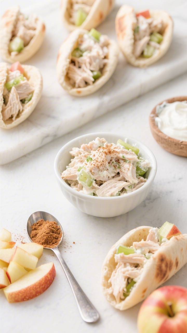 Overhead ingredients-to-assembly scene for Apple-Cinnamon Chicken Salad on Mini Pita Pockets: mini pita halves opened and filled with a creamy chicken salad made from very finely chopped cooked chicken, finely diced Honeycrisp or Gala apple, optional finely chopped celery, and Greek yogurt, lightly dusted with a hint of cinnamon. Show a small mixing bowl with the salad, a measuring spoon with ground cinnamon, diced apple pile, and a spoon for scooping; a few filled pitas arranged neatly on a board. Bright, clean styling, crisp whites and warm apple tones, professional lunchbox-ready vibe, no people.