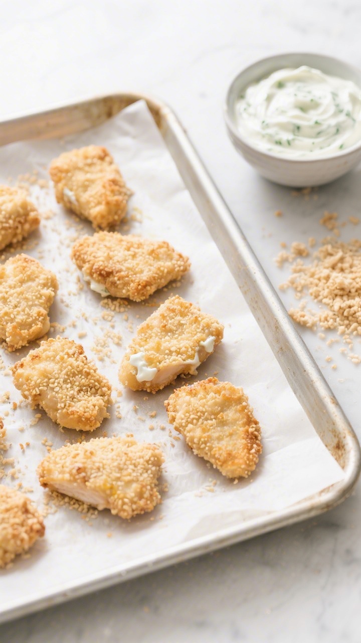 Overhead ingredients-to-oven progression for soft-baked chicken nuggets with yogurt ranch dip: nugget-size chicken pieces coated in a mixture of plain Greek yogurt and optional Dijon, then dredged in panko breadcrumbs, arranged neatly on a parchment-lined baking sheet; a small bowl of creamy yogurt ranch dip off to the side, crumbs scattered for texture, bright even light, clean and wholesome mood.