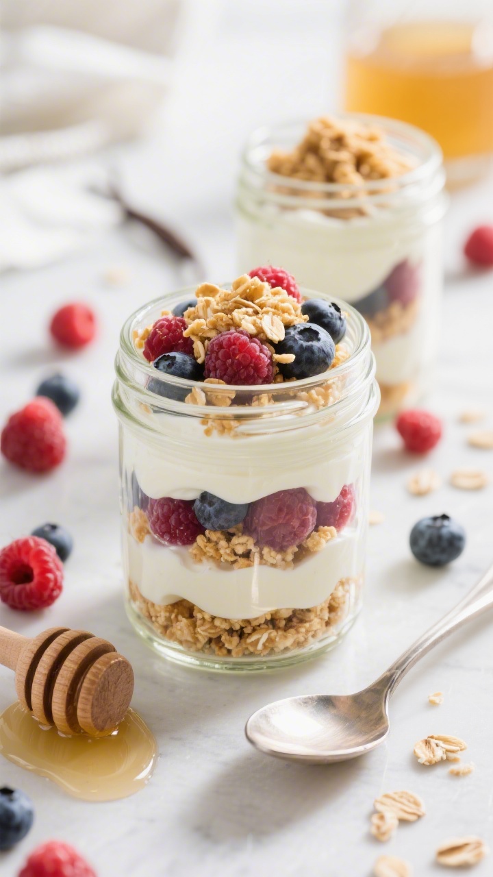 Overhead layered Yogurt Parfait Jars with Crunchy Oat Crumble: clear glass jars showing defined strata—plain or vanilla Greek yogurt lightly sweetened with honey or maple syrup and kissed with vanilla extract, a jewel-toned layer of fresh berries, topped with a golden oat crumble. Extra berries scattered around, a honey dipper with a light drizzle, and a spoon resting beside a jar. Bright, fresh morning light, high clarity to capture creamy swirls, juicy fruit, and crisp crumble texture; inviting, wholesome school-lunch mood.