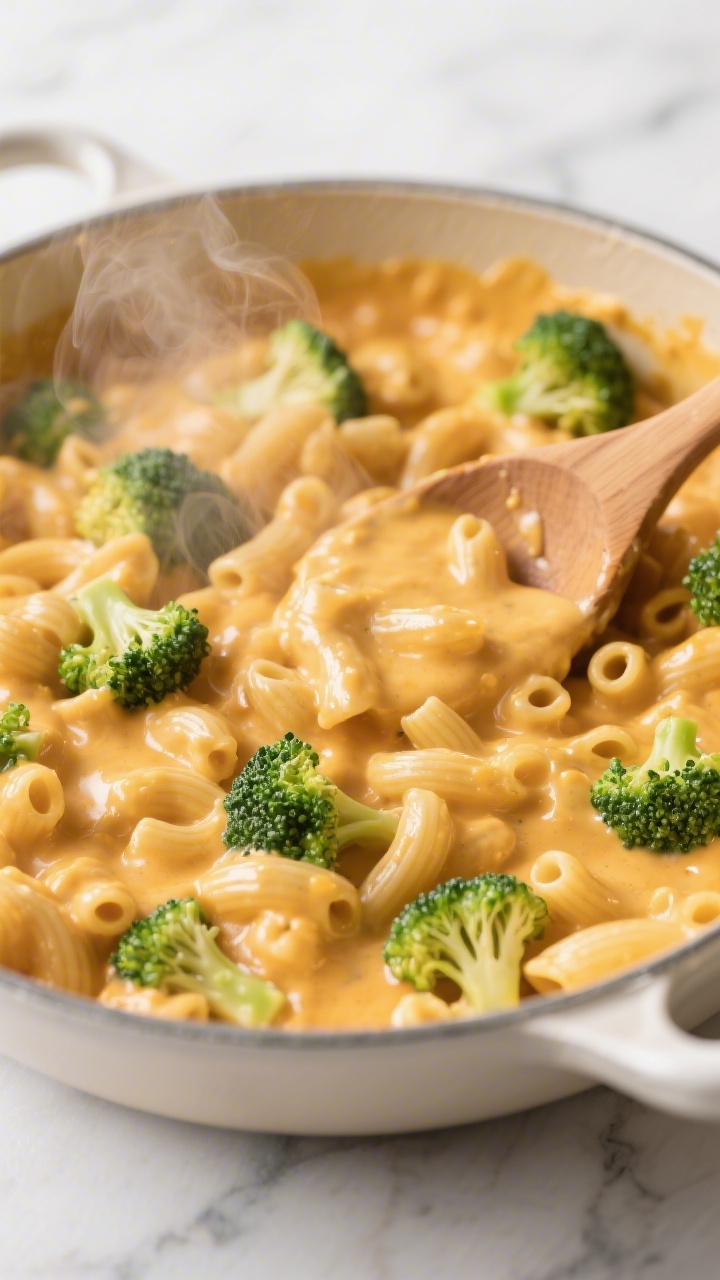 Overhead look into a creamy one-pot broccoli mac ‘n’ cheese: elbows coated in silky cheddar sauce with tiny, very small broccoli florets stirred throughout; steam rising, glossy sheen on the sauce, a wooden spoon partially dipped into the pot; minimal styling on a light marble surface to emphasize comfort and creaminess.