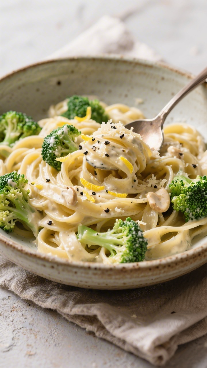 Overhead pasta bowl of creamy “Alfredo” broccoli pasta made without heavy cream—silky cashew/cauliflower-style sauce clinging to fettuccine, bright green broccoli florets tucked throughout; finished with cracked black pepper, lemon zest, and a sprinkle of grated parmesan-style topping; rustic ceramic bowl on linen, spoon twirl inviting a bite.