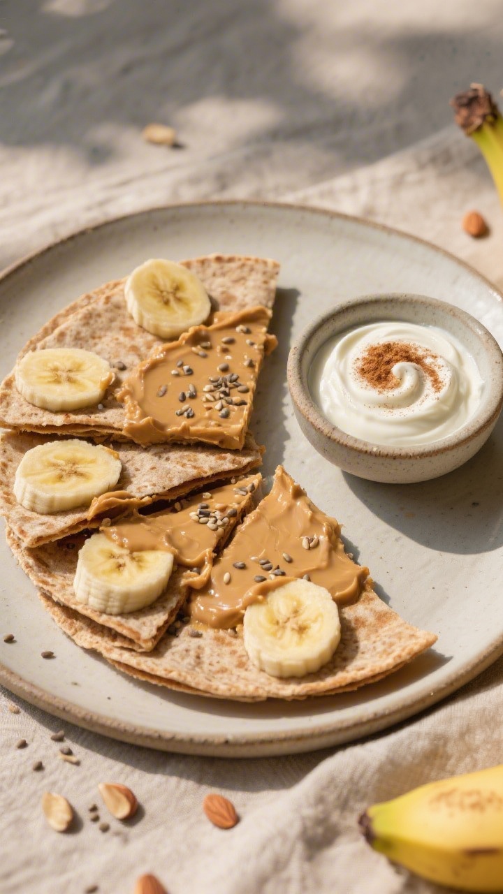 Overhead plated presentation of a banana–almond butter quesadilla cut into toddler-friendly wedges on a neutral ceramic plate: whole-wheat tortilla with a thin layer of almond butter, thin banana slices visible at the edges, a light sprinkle of chia or ground flax. On the side, a small dipping bowl of cinnamon yogurt (creamy swirl with a dusting of cinnamon on top). Natural daylight, soft shadows, warm linen underneath, focus on contrasting textures—toasty tortilla, silky yogurt, and speckled seeds.