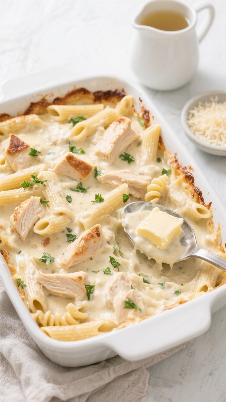 Overhead plated presentation of a creamy chicken Alfredo pasta bake: short pasta (penne/rotini) coated in a lightened yet luscious Alfredo sauce, browned spots from baking, chunks of tender cooked chicken throughout, scattered parsley for freshness; served in a white ceramic baking dish with a serving spoon revealing the creamy interior, butter and flour roux notes implied by a nearby small dish of grated Parmesan and a jug of chicken broth; clean, bright, family-dinner vibe.