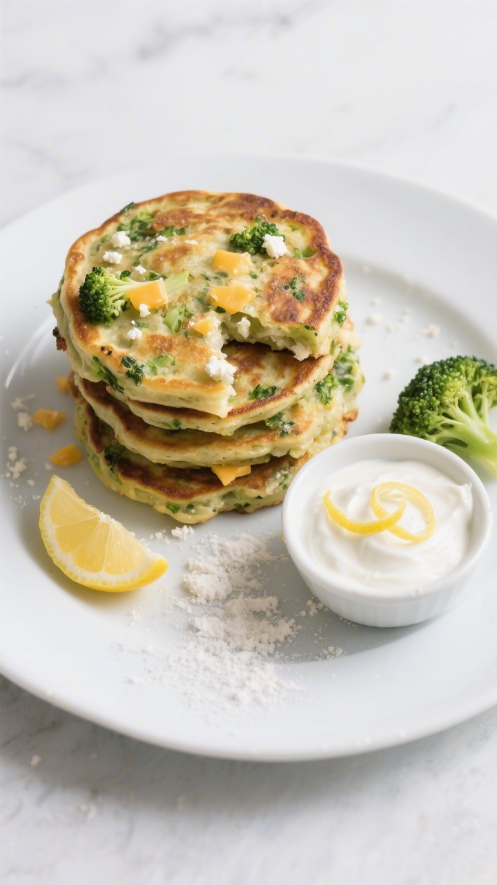 Overhead plated presentation of no-fuss broccoli pancakes stacked on a white plate: round, pan-seared fritters flecked with broccoli florets, cheddar/feta bits melted into the surface, and a tender interior; a small bowl of lemon-scented Greek yogurt dip with lemon zest curls, lemon wedge alongside; extra florets and a dusting of flour scattered artfully to hint at ingredients; crisp edges, soft centers visible in one torn pancake; clean, fresh look with cool daylight.