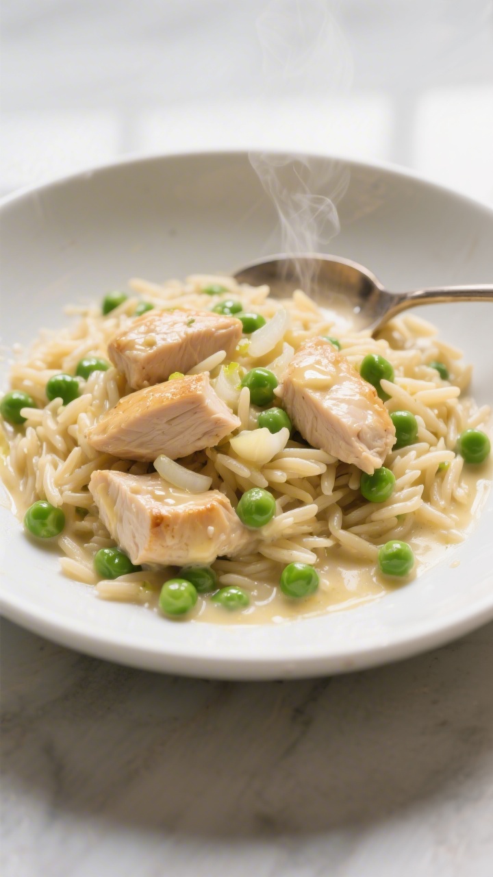 Overhead plated presentation of one-pan creamy chicken orzo with peas in a wide shallow white bowl: tender 1/2-inch chicken pieces nestled in glossy, butter-enriched orzo, flecks of sautéed onion and minced garlic, bright green peas scattered throughout; a spoon trail showing the silky sauce, steam subtly rising, olive oil sheen catching soft window light.