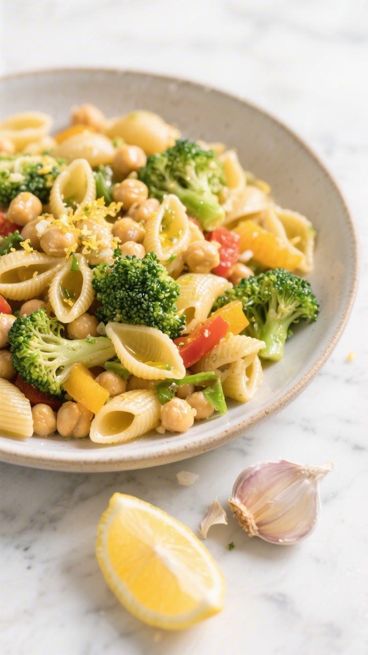 Overhead plated presentation of sunshine chickpea pasta (elbows or shells) tossed with olive oil, lemon zest brightness implied, and tender lemon-garlic veggies: small broccoli florets and colorful bits of veg. Visible minced garlic and a wedge of lemon resting nearby. Glossy, al dente pasta with vibrant greens, served in a wide shallow bowl on a light marble surface for a fresh, cheerful mood.