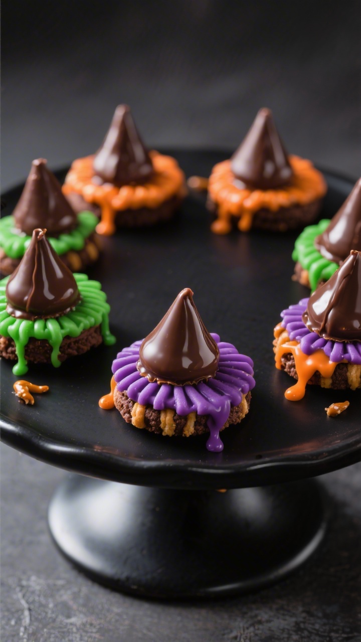 Overhead plated presentation of Witch Hat Pretzel Bites on a matte black cake stand: round mini chocolate-covered or fudge-striped cookies as brims, topped with glossy chocolate kisses as pointed hats, bases “glued” with melted candy wafers in alternating purple, green, and orange, with a subtle shine from a touch of coconut oil; neat rows with a few candy melt drips artfully placed, rich Halloween palette, crisp detail on cookie stripes and kiss ridges, controlled studio light with soft highlights to make the chocolate look luscious.