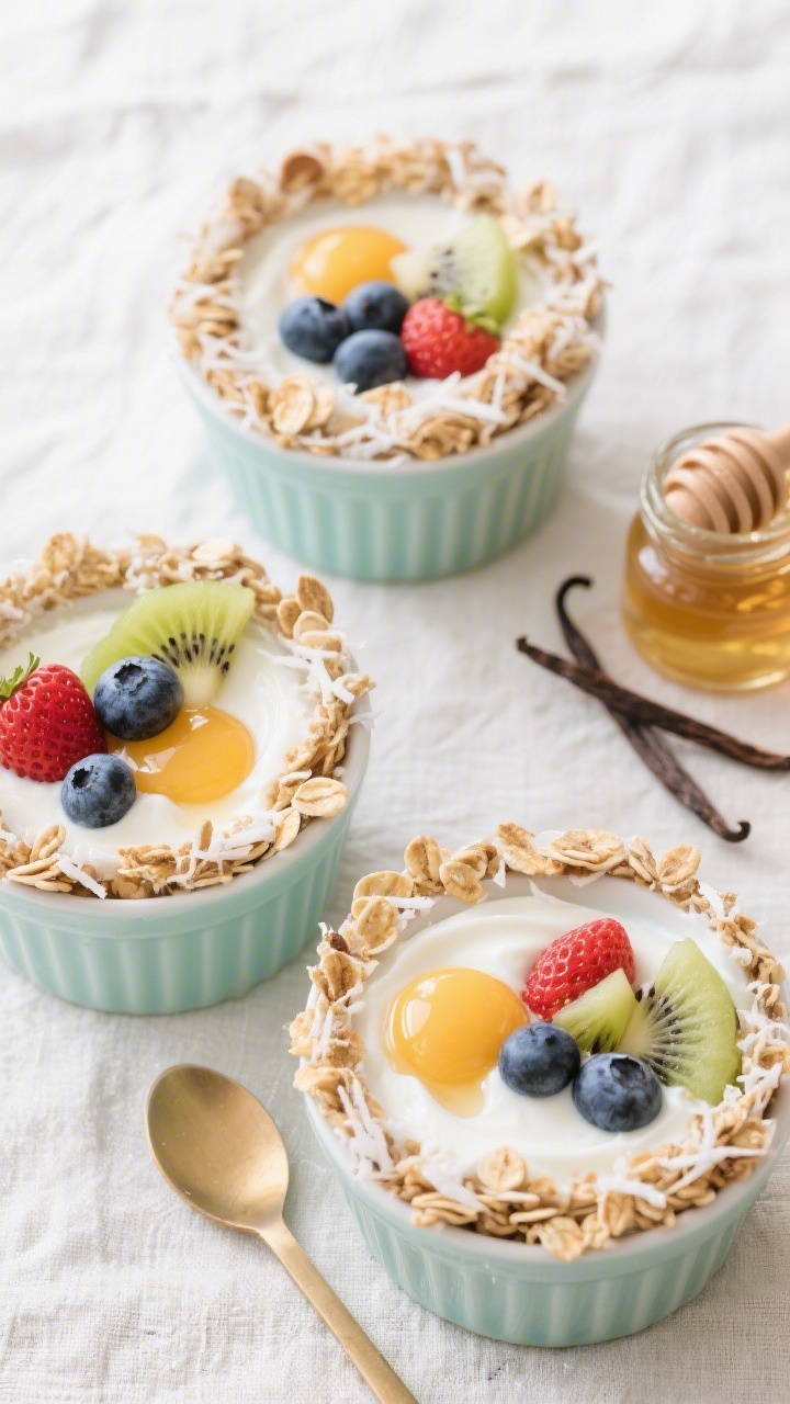 Overhead plated presentation of Yogurt “Bird’s Nest” Fruit Cups: plain Greek yogurt mixed with honey and vanilla spooned into pastel ramekins, topped with a ring “nest” of low-sugar granola and shredded unsweetened coconut. Inside each nest, jewel-like berries and small fruit pieces (suggest strawberries/blueberries/kiwi slices) arranged like eggs. Drizzle of honey on the yogurt, styled on a light linen with a small jar of honey and vanilla pod off to the side. Bright, clean, creamy textures with crunchy granola contrast.
